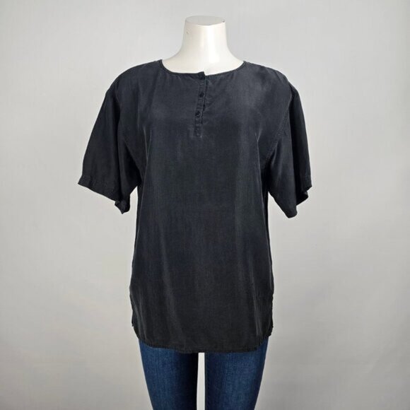 Vintage Tops - Vintage Clovelly Black Silk Short Sleeve Blouse Top Size L